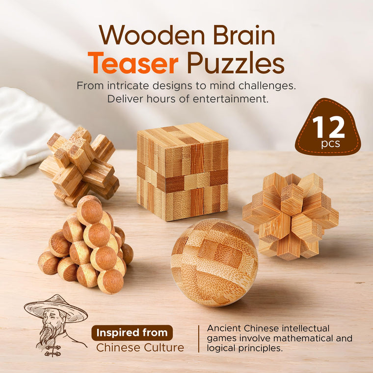 Wooden 3D Brain Teaser Logic Puzzle Set for Adults Teens and Kids
