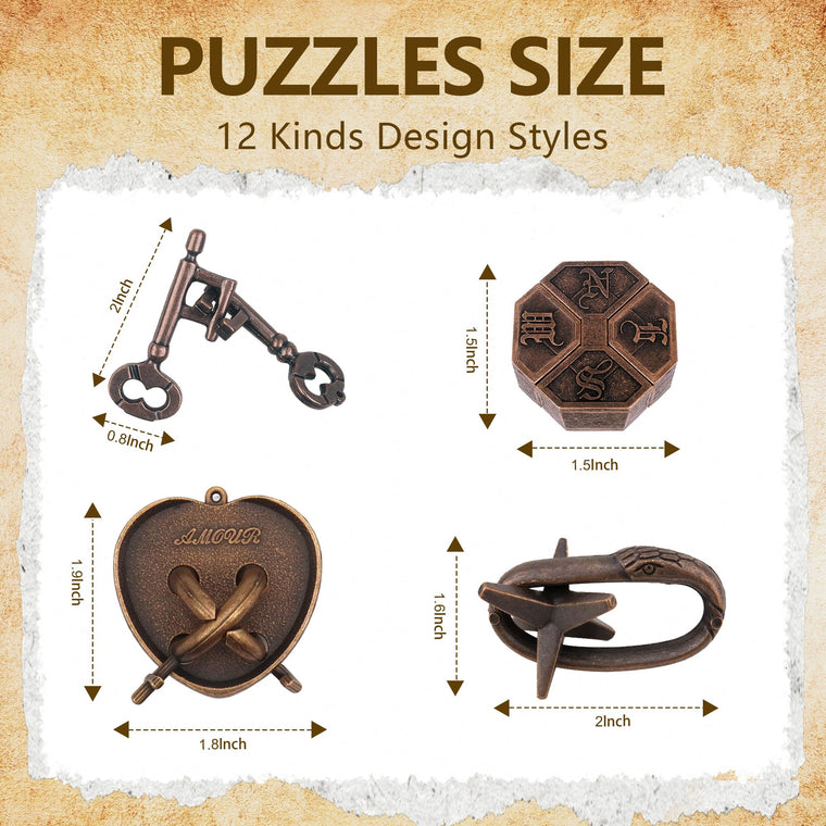 12 Piece 3D Metal Brain Teaser Puzzle Set for Teens and Adults