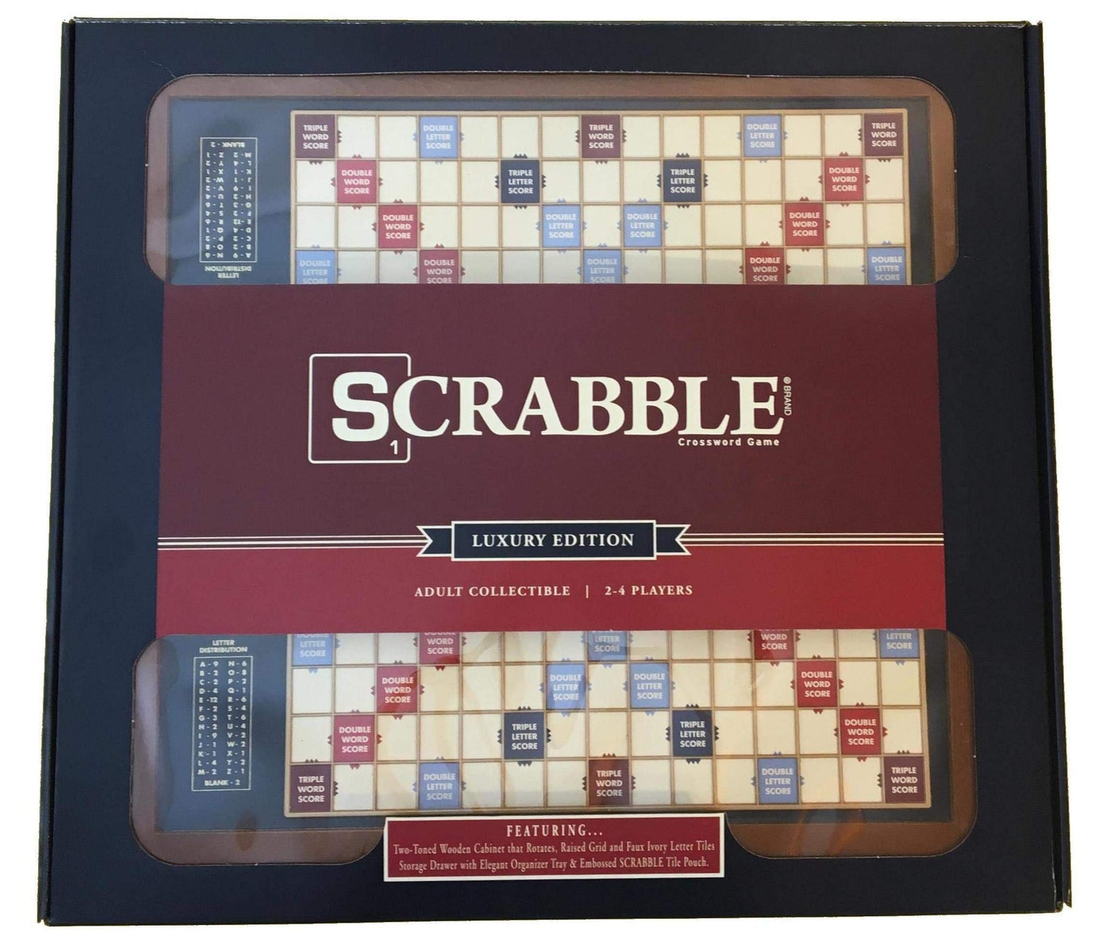 Deluxe Word Tile Game with Rotating Wooden Cabinet Storage and Ivory Tiles
