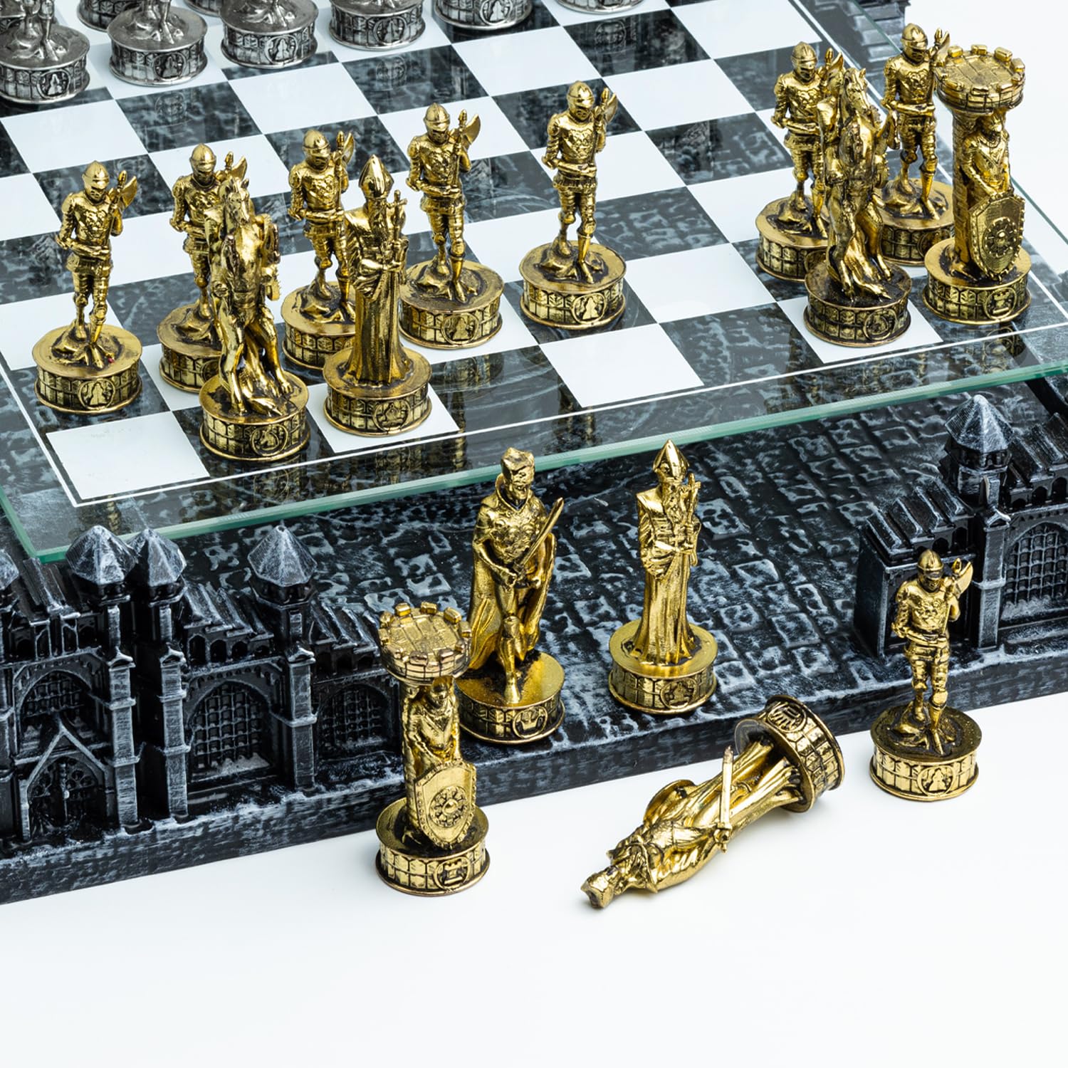 Renaissance Knight 3D Chess Set with Gold Silver Pieces and Glass Board